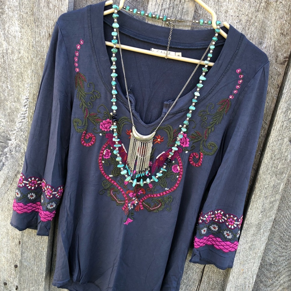 Caite Sundance S floral embroidered tunic top boho gypsy vintage cottagecore